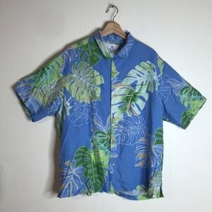 28 Palms Mens Silk Tropical Monstera Leaf Hawaiian Shirt Blue Size XL